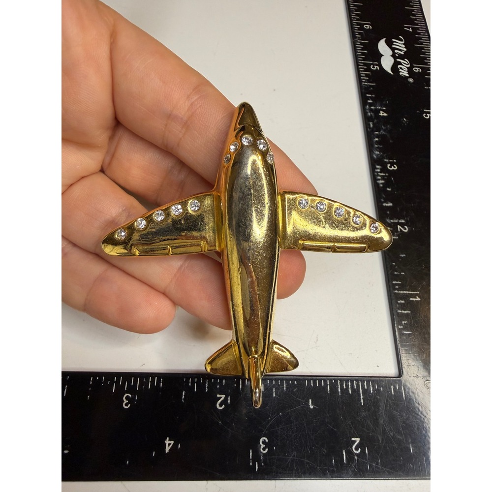 Gold Tone Airplane Jet Brooch Pin with Rhinestone Accents Aviation Jewelry